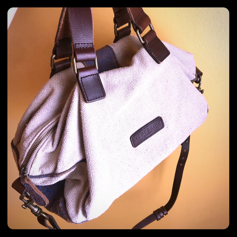 Liebeskind designer tan canvas and leather bag.